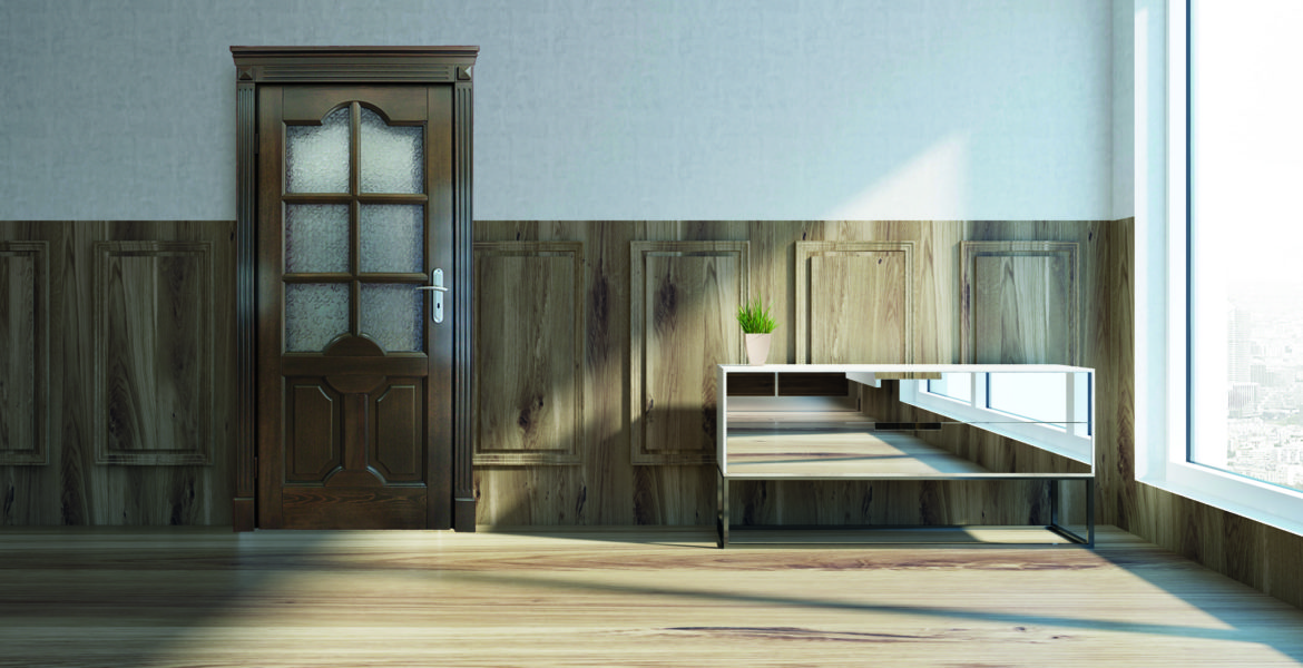 Glass chest of drawers standing near a panoramic window in a living room with a wooden white door. 3d rendering mock up